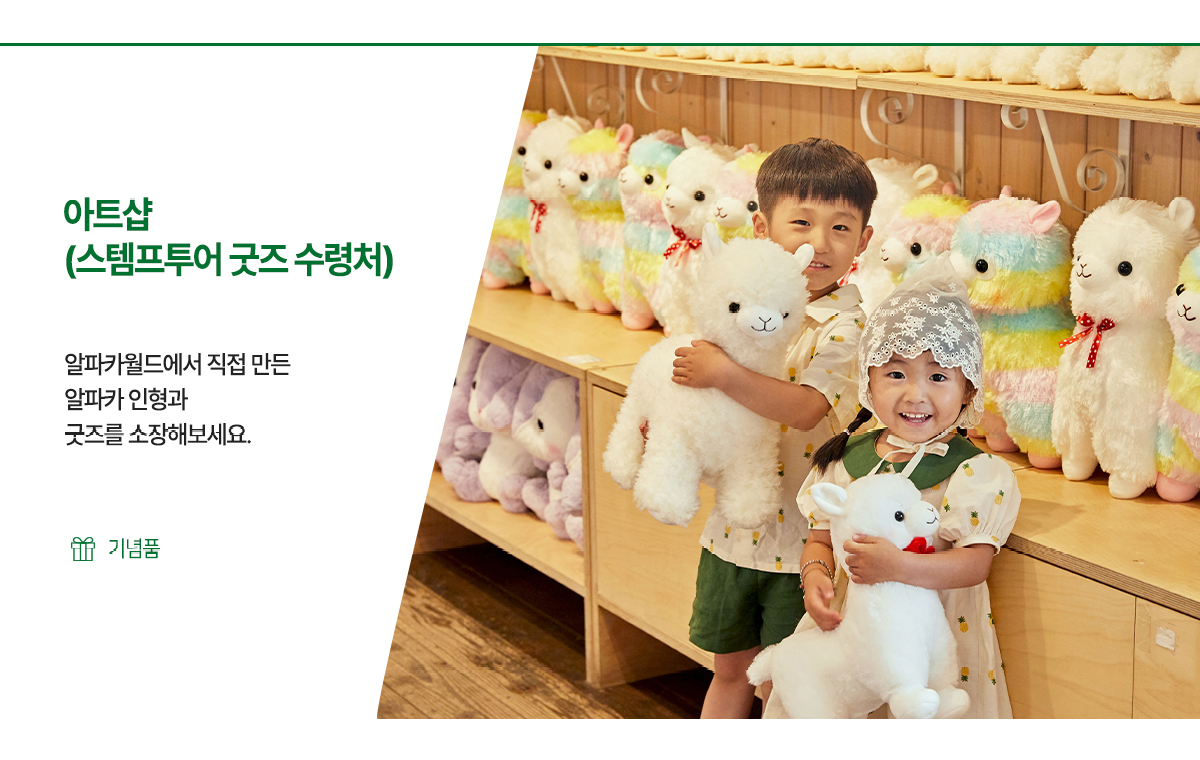 아트샵(스템프투어 굿즈 수령처) - 알파카월드에서 직접 만든 알파카 인형과 굿즈를 소장해보세요.